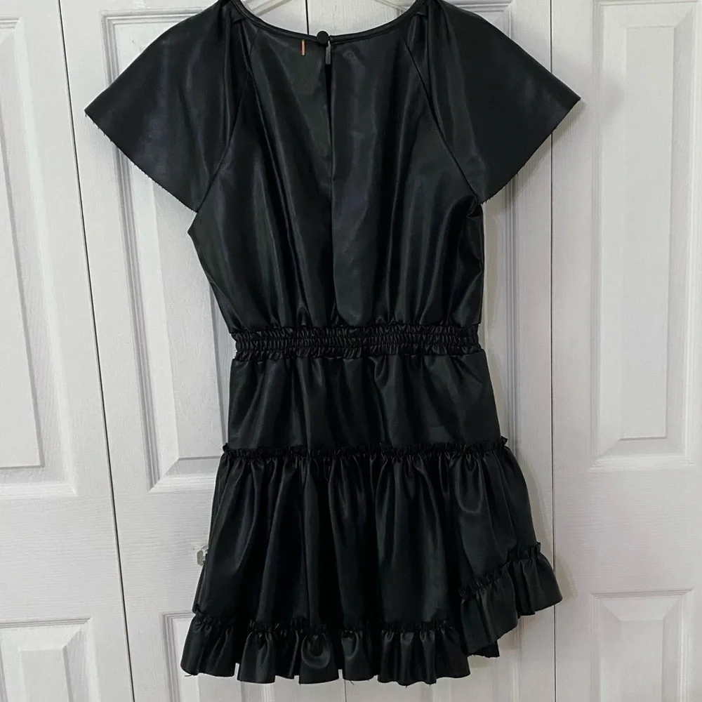 MISA LOS ANGELES Elegant Black Vegan Faux Leather Ruffled Dress S - Picture 2 of 10